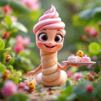 The primary subject of the image is a cute, cartoon-like character holding a plate with two cakes on it. The character is positioned in a garden setting, surrounded by flowers and bees. The visual style of the image is a combination of photo and digital art, creating a whimsical and playful atmosphere. The colors are predominantly pink and white, which adds to the overall charm and appeal of the scene.